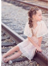Flutter Sleeves Blush Pink Lycra Lace Short Flower Girl Dress